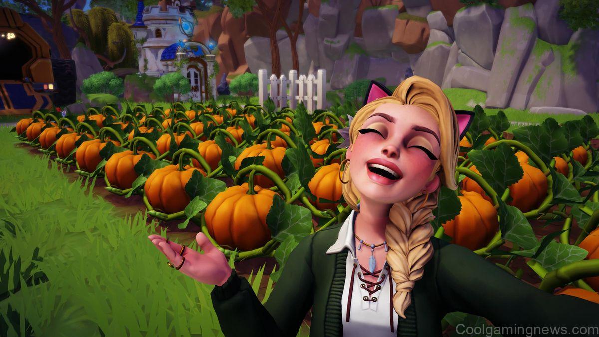 Disney Dreamlight Valley - a player gestures and smiles at a patch of pumpkins