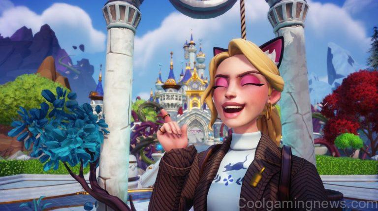 Disney Dreamlight Valley - a player smiles and poses in front of the Disney castle in Dreamlight Valley