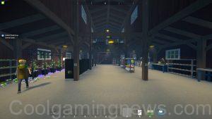 Schedule 1 barn setup - A view of the entire barn from the front door, with various pots, shelves, stations, and employees around the room.