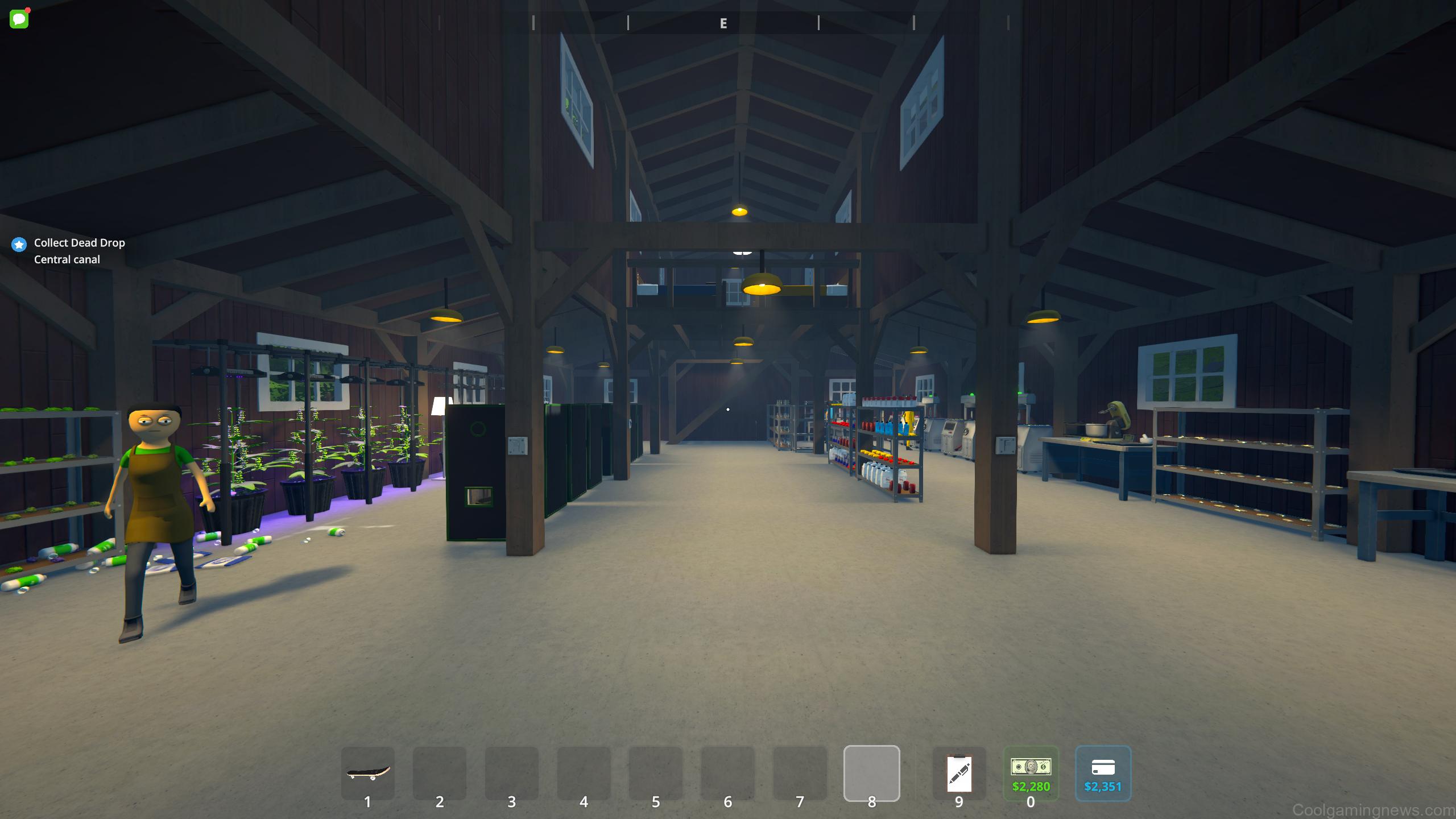 Schedule 1 barn setup - A view of the entire barn from the front door, with various pots, shelves, stations, and employees around the room.