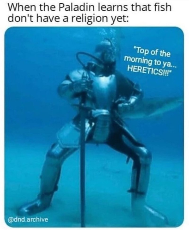 When the Paladin learns fish don't have a religion yet: 'Top of the morning to ya... HERETICS!!!'