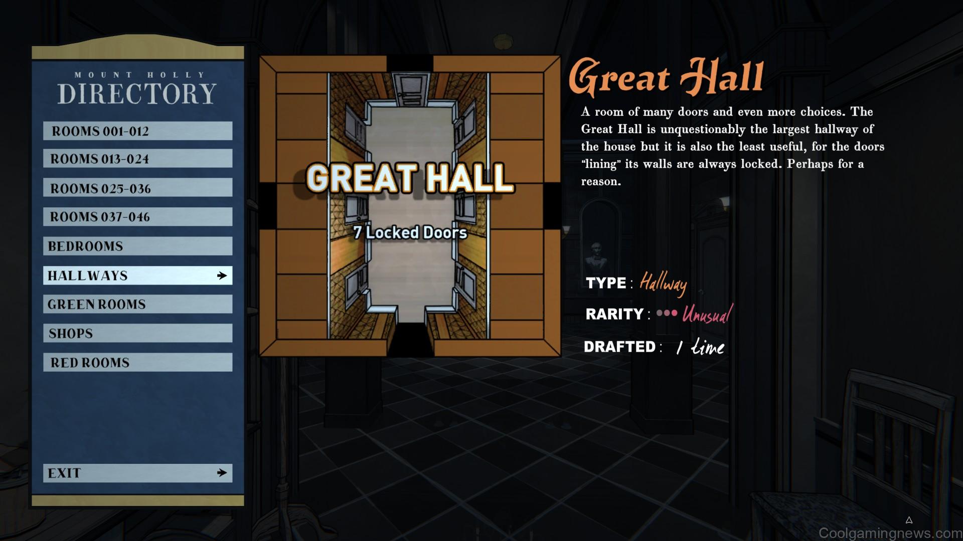 The Great Hall Room Directory in Blue Prince