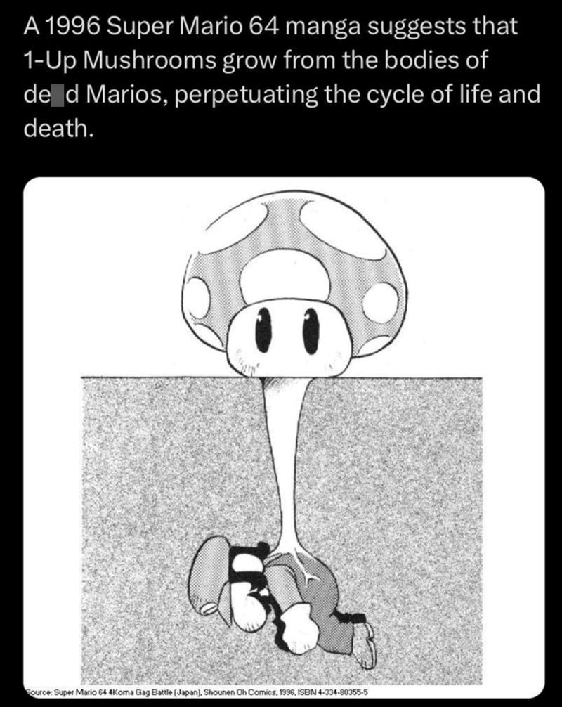 1-Up Mushrooms grow from the bodies of dead Marios.