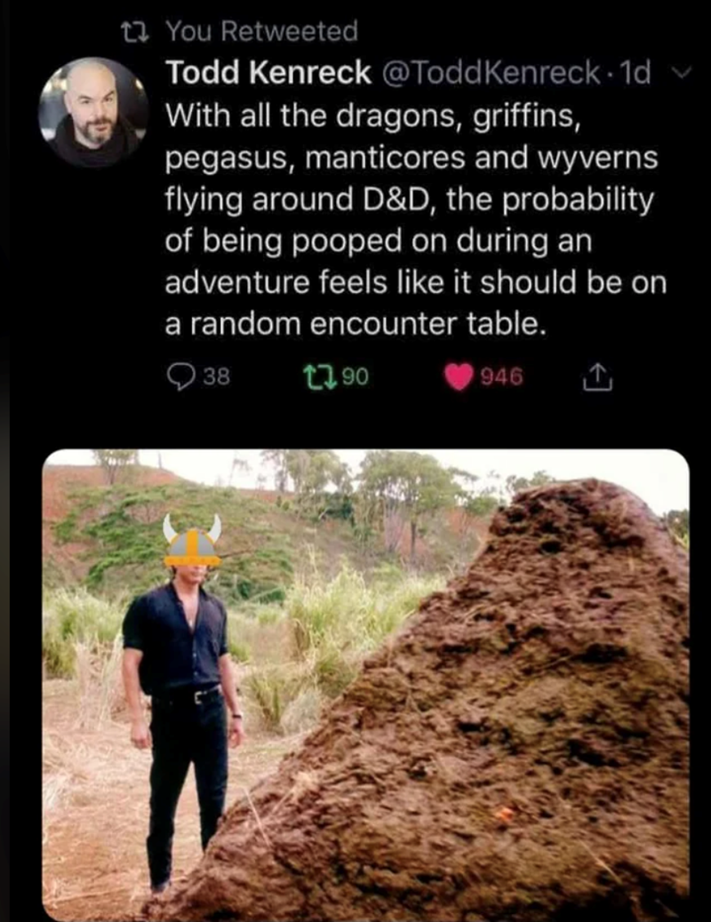 Probability of being pooped on during an adventure feels like it should be on a random encounter table.