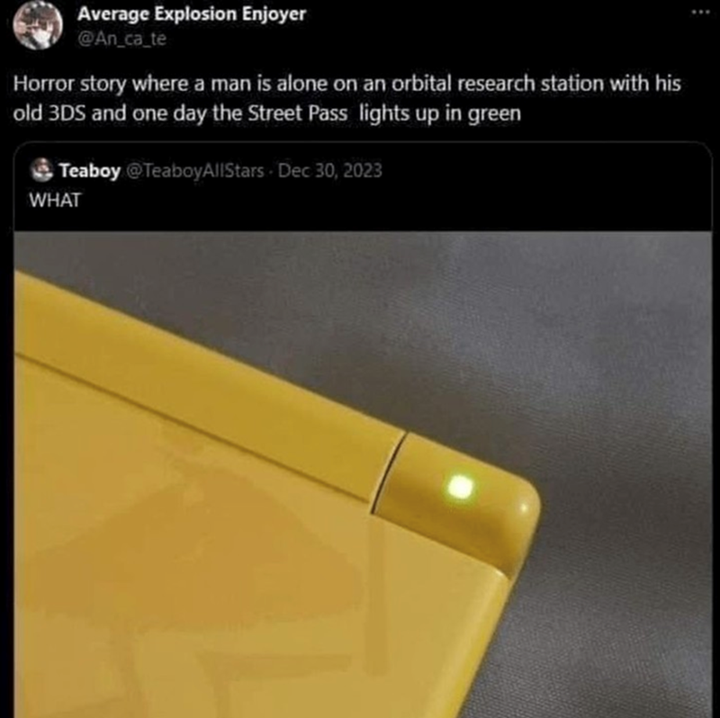 A horror story where a man is alone on an orbital station with his old 3DS.