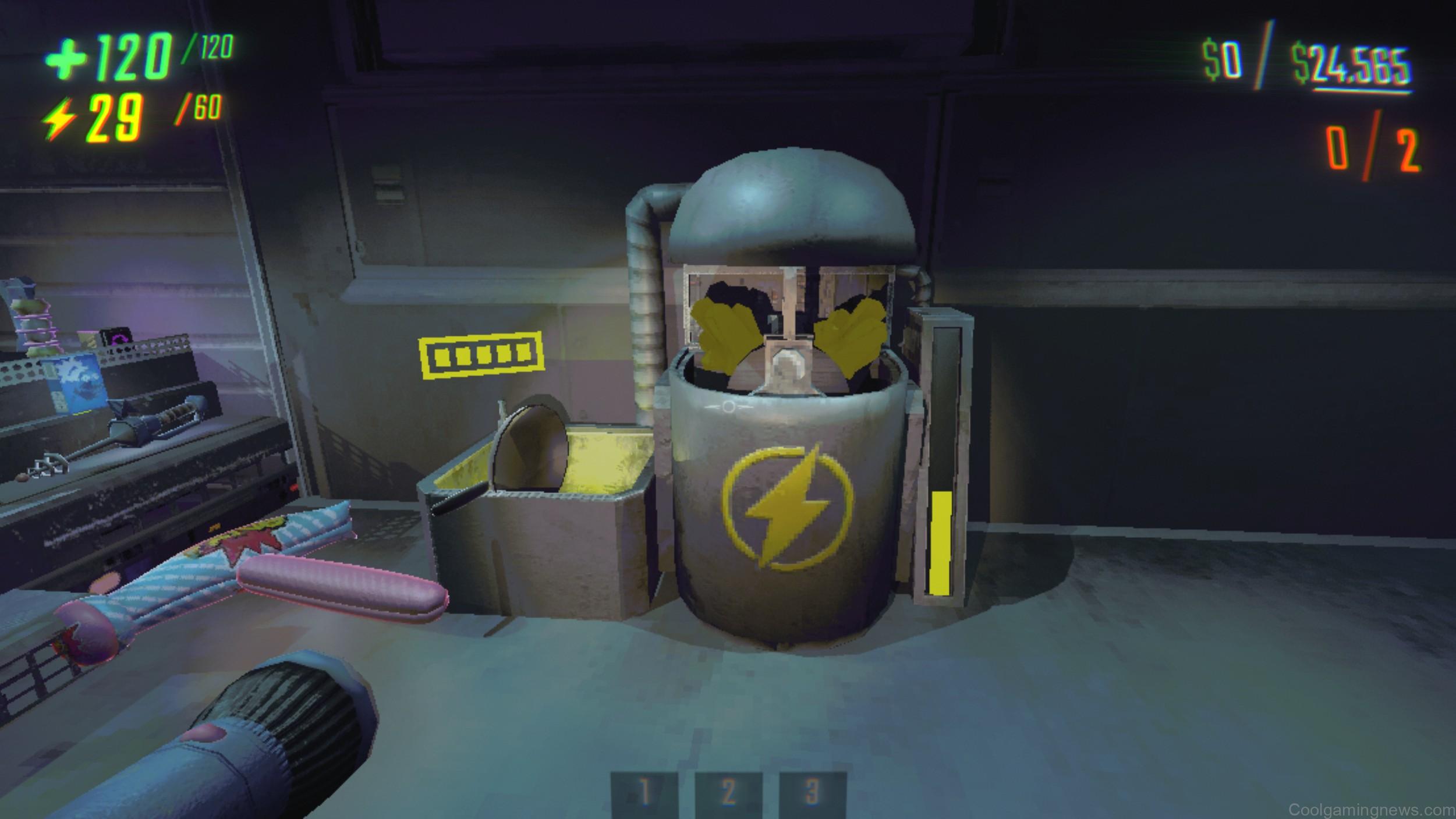 The Fry Pan weapon in REPO after it has been recharged inside the truck's charging station.