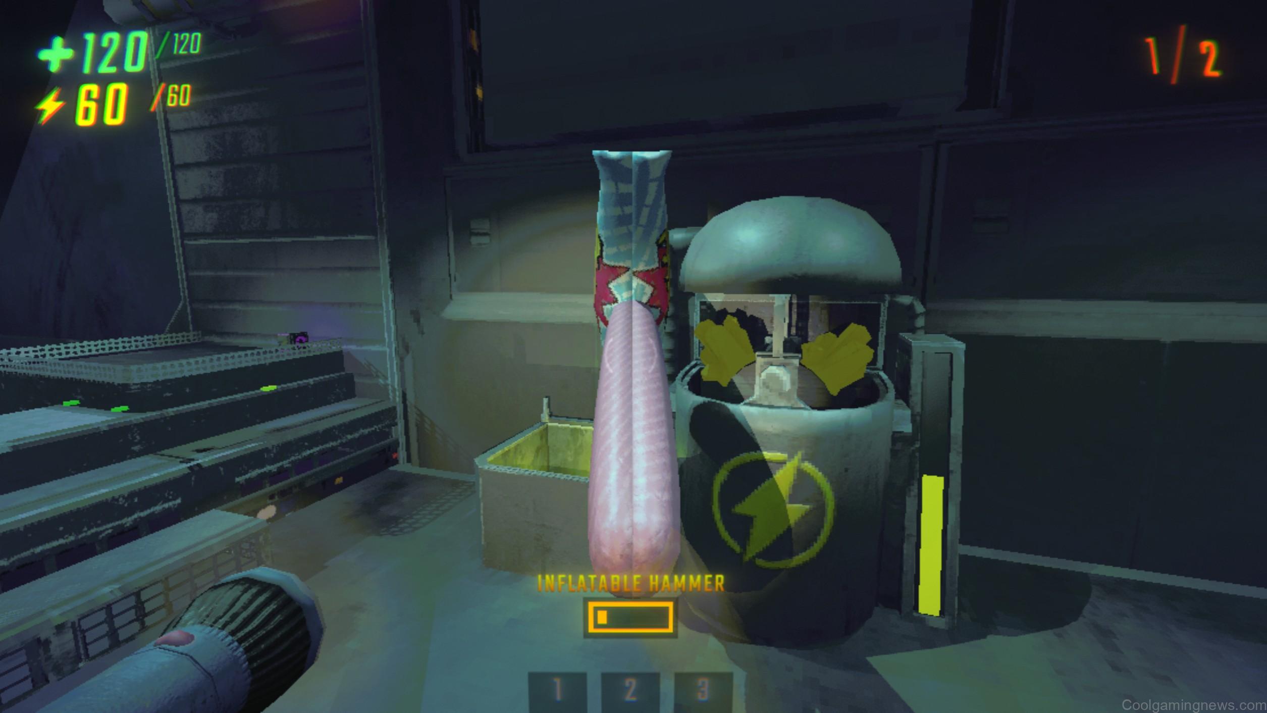 An Inflatable Hammer in REPO with low durability. The player is holding it in front of the truck's recharging station.