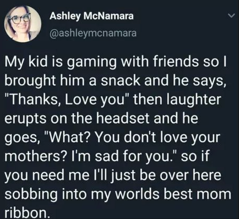 My kid is gaming with friends so I brought him a snack and he says, 'Thanks, Love you' then laughter erupts on the headset.