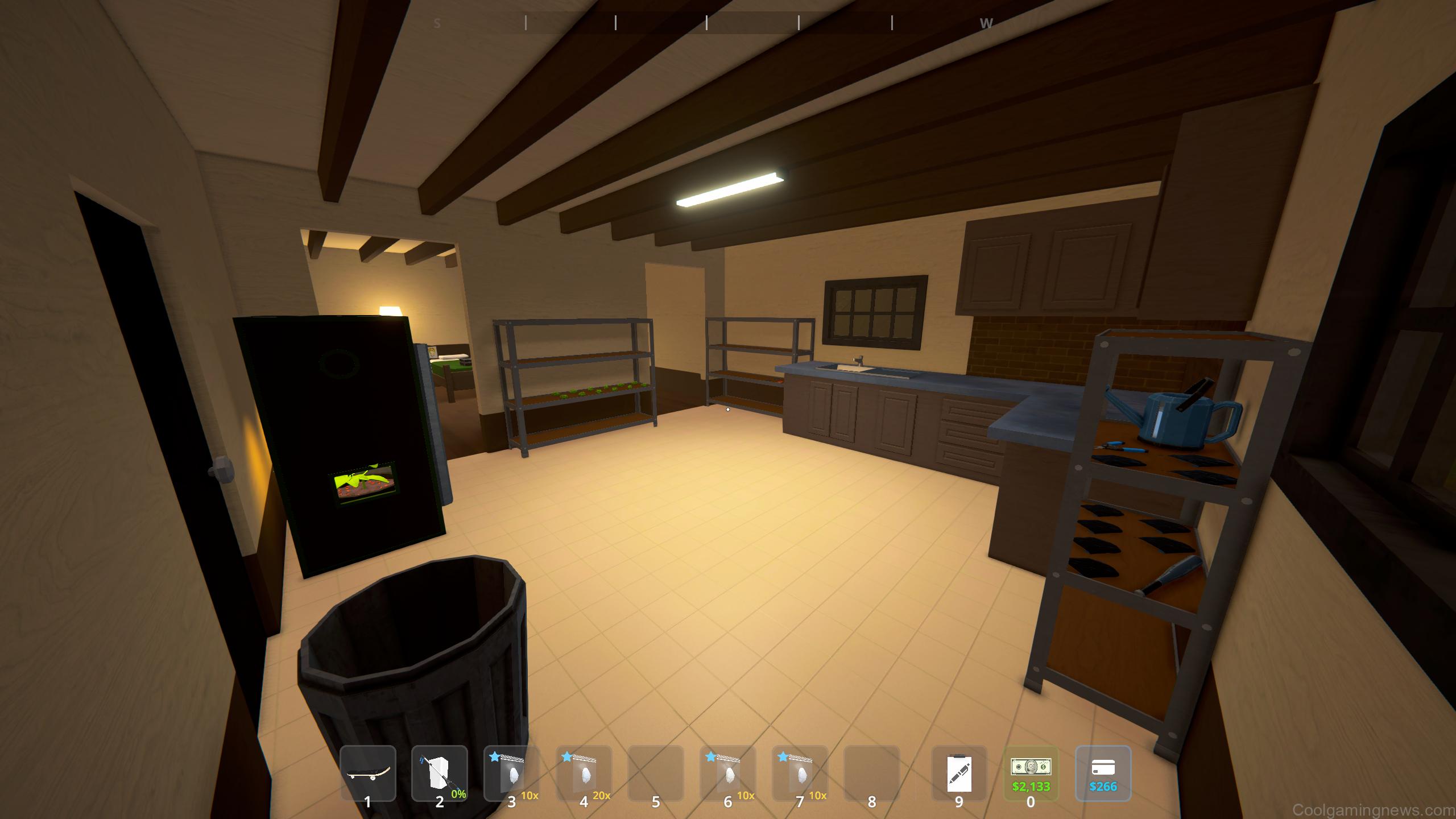 Best Schedule 1 bungalow setup - A view of the kitchen, featuring various shelving units and grow tents.