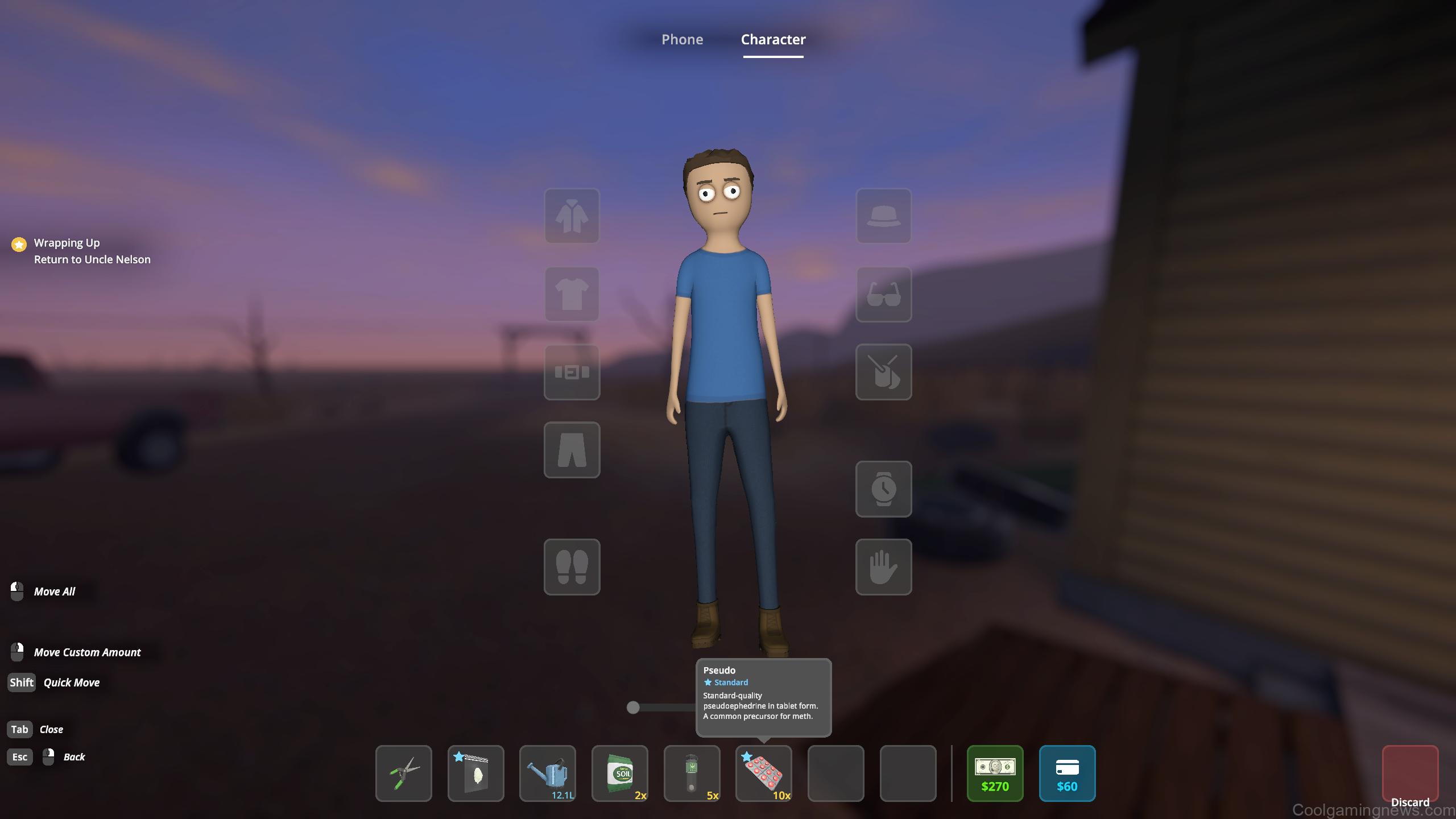 Schedule 1 drop items - A character standing in the inventory screen, with the red discard box in the bottom right corner.