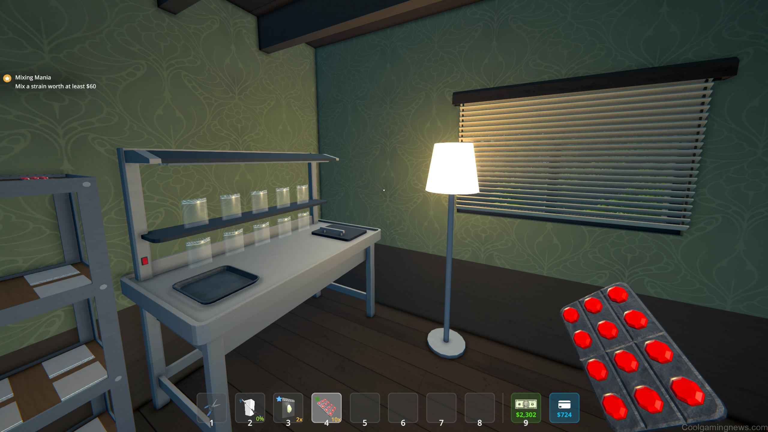 Schedule 1 pseudo - The player holding a packet of pseudo inside their room, with a lamp and packaging table in the corner.