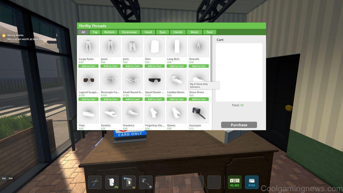 Schedule 1 change clothes - The clothes shop inventory showing various items you can purchase.