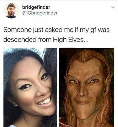 Someone just asked me if my gf was descended from High Elves...