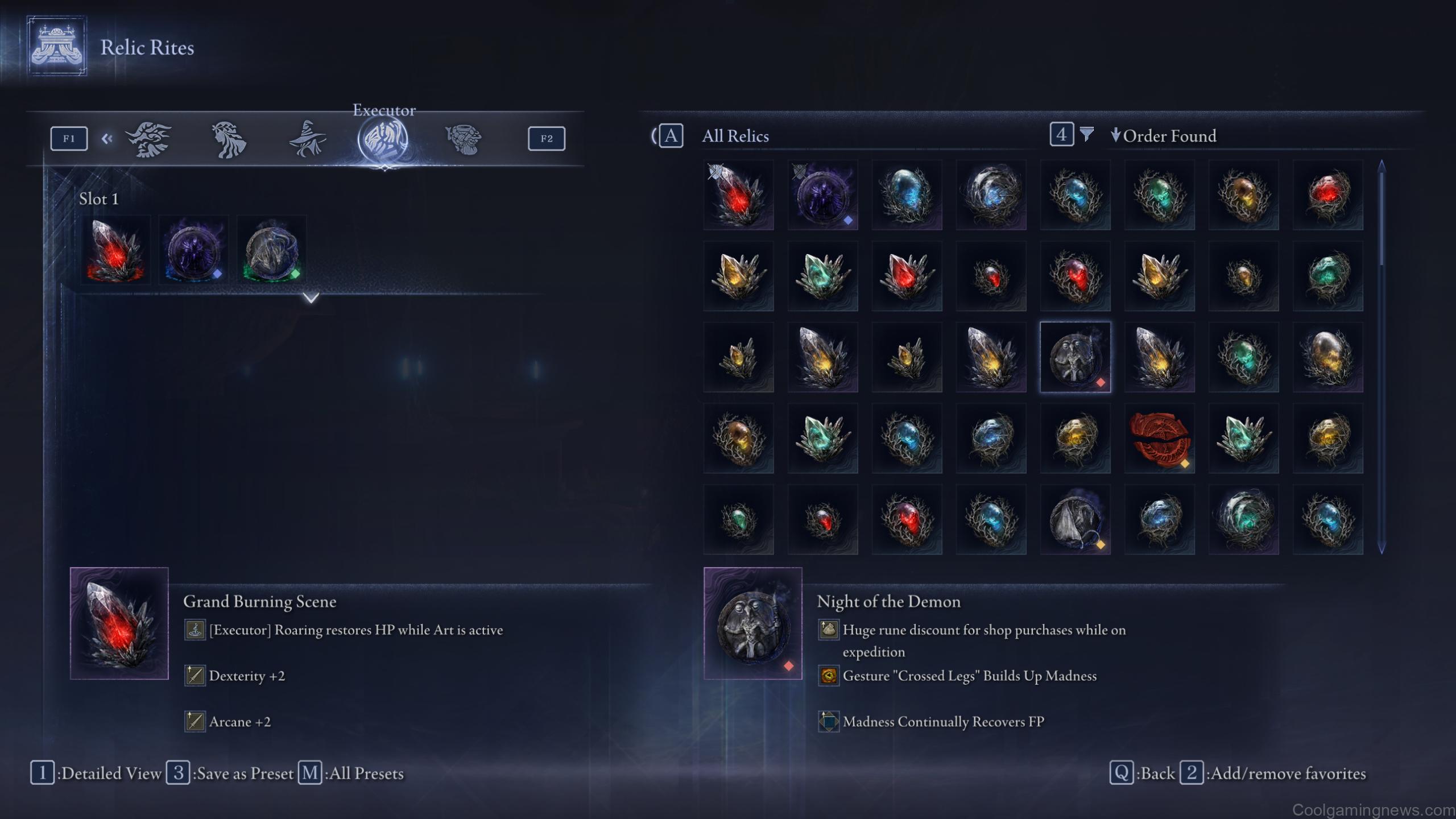 Elden Ring Nightreign how to emote: The Night of the Demon relic in the menu, which plays into madness builds.