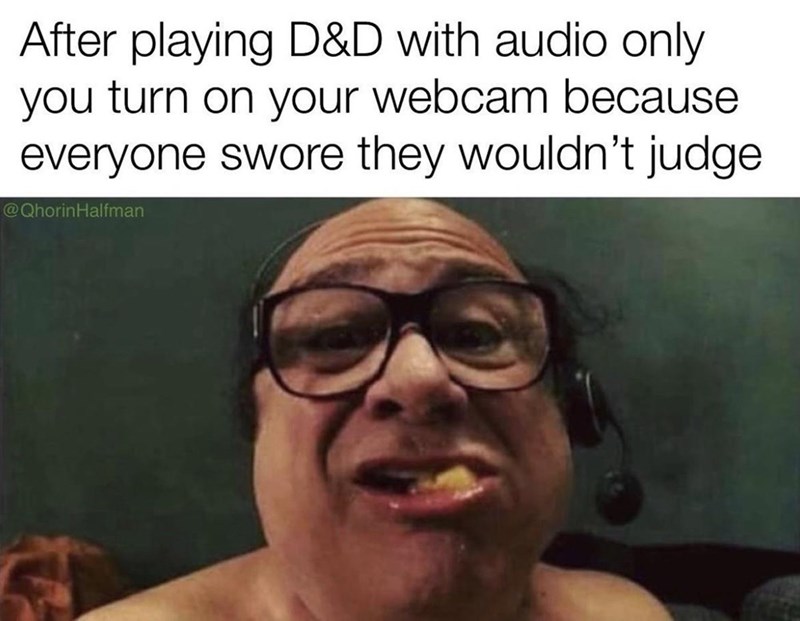 After playing D&D with audio only you turn on your webcam because everyone swore they wouldn't judge @QhorinHalfman