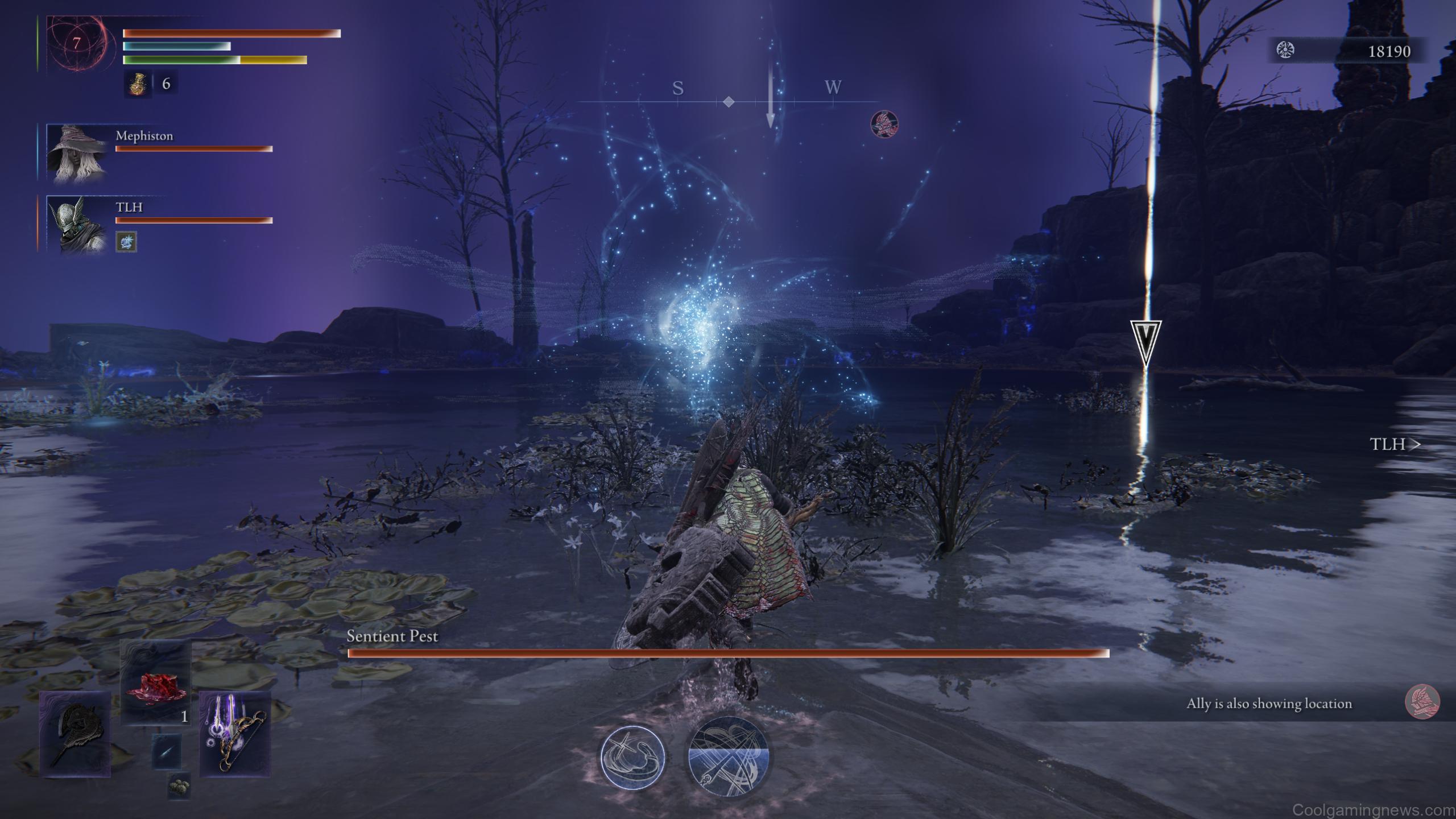 Elden Ring Nightreign locusts stealing levels: An almost-invisible moth called the Sentient Pest in a marsh area with magic swirling around it.