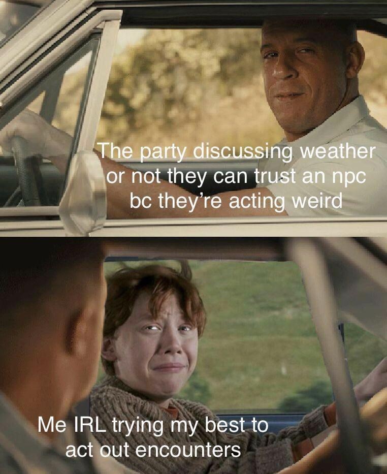 The party discussing whether or not they can trust an NPC.