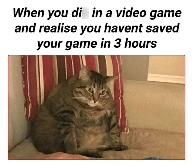 When you die in a video game and realize you haven't saved your game in 3 hours