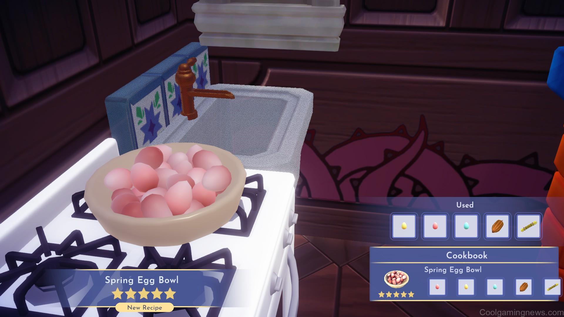 Three egg recipes on a stovetop in Disney Dreamlight valley