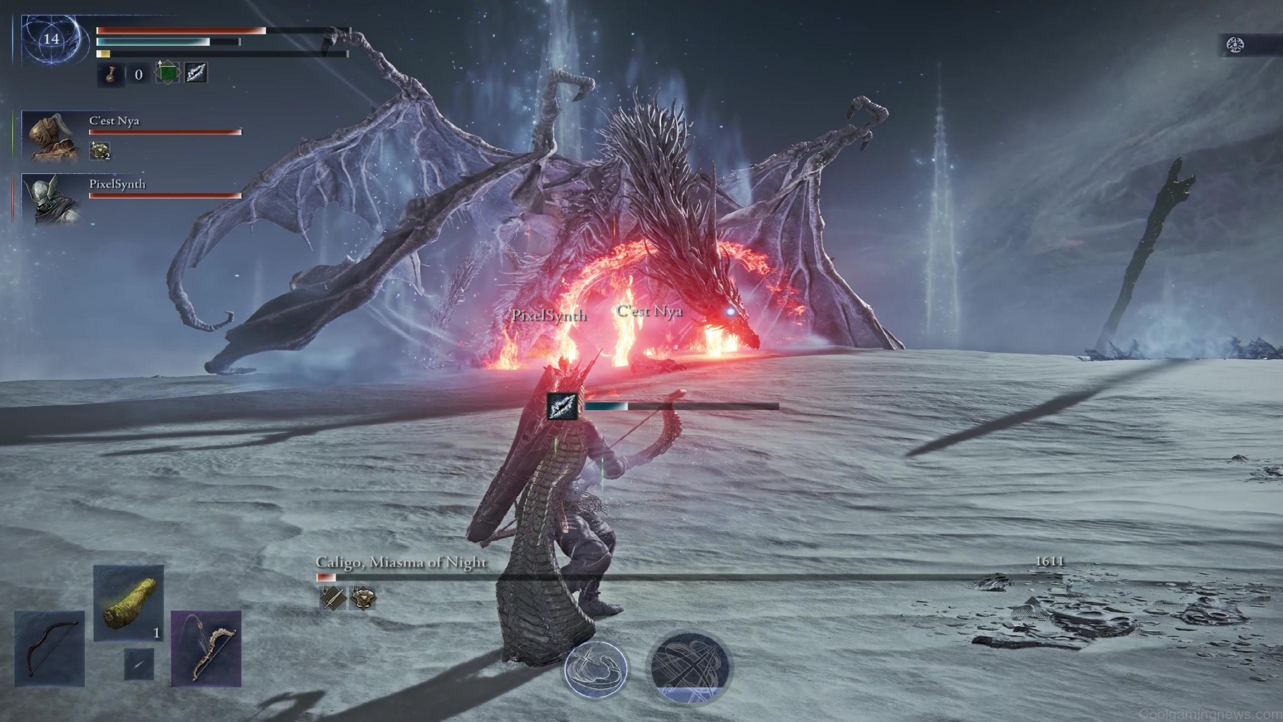 Elden Ring Nightreign Caligo boss guide: Caligo being damaged by a fire whip in the distance.