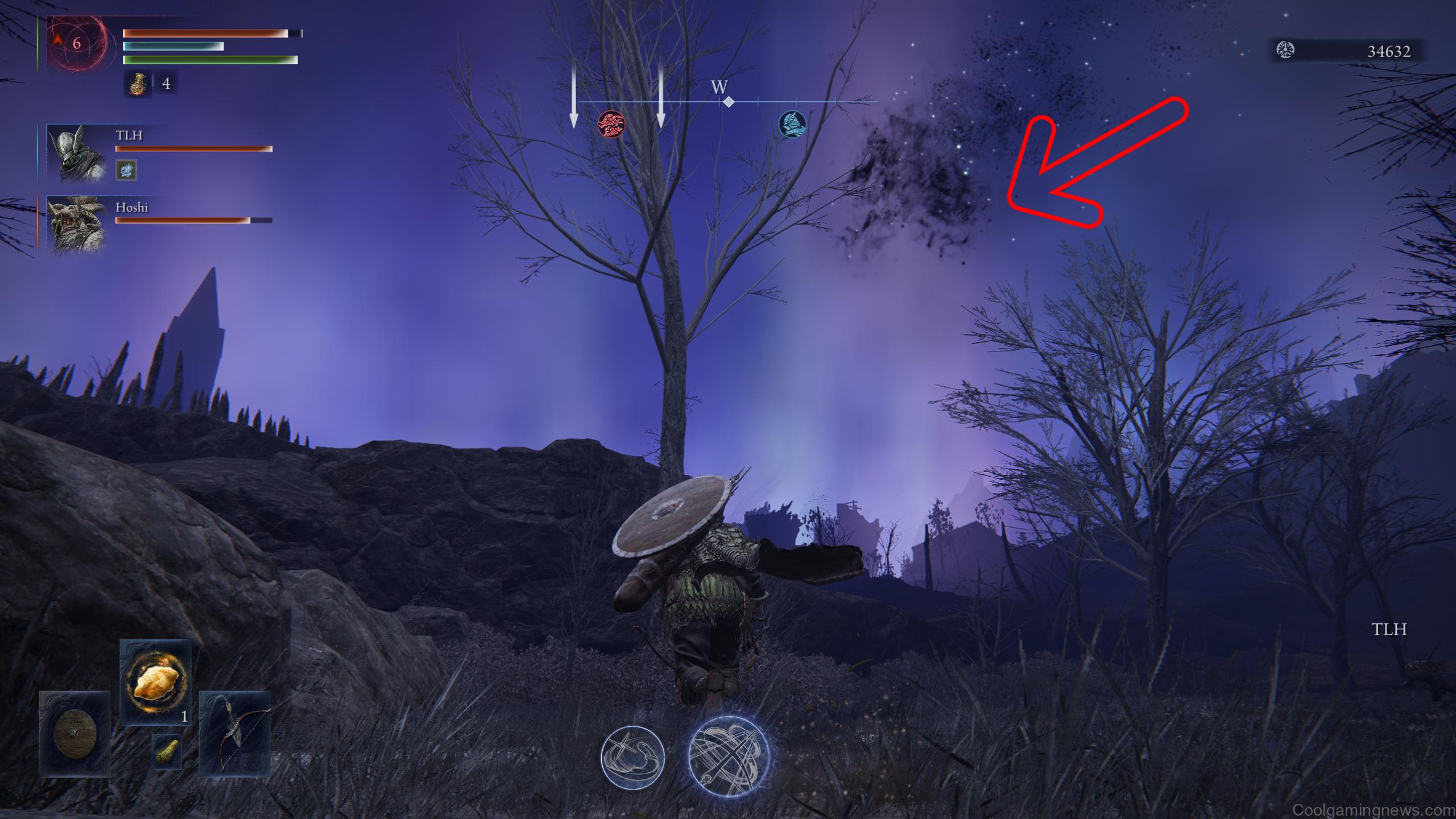 Elden Ring Nightreign locusts stealing levels: Ironeye chasing a cloud of locusts, with a red arrow pointing in the direction they're heading.