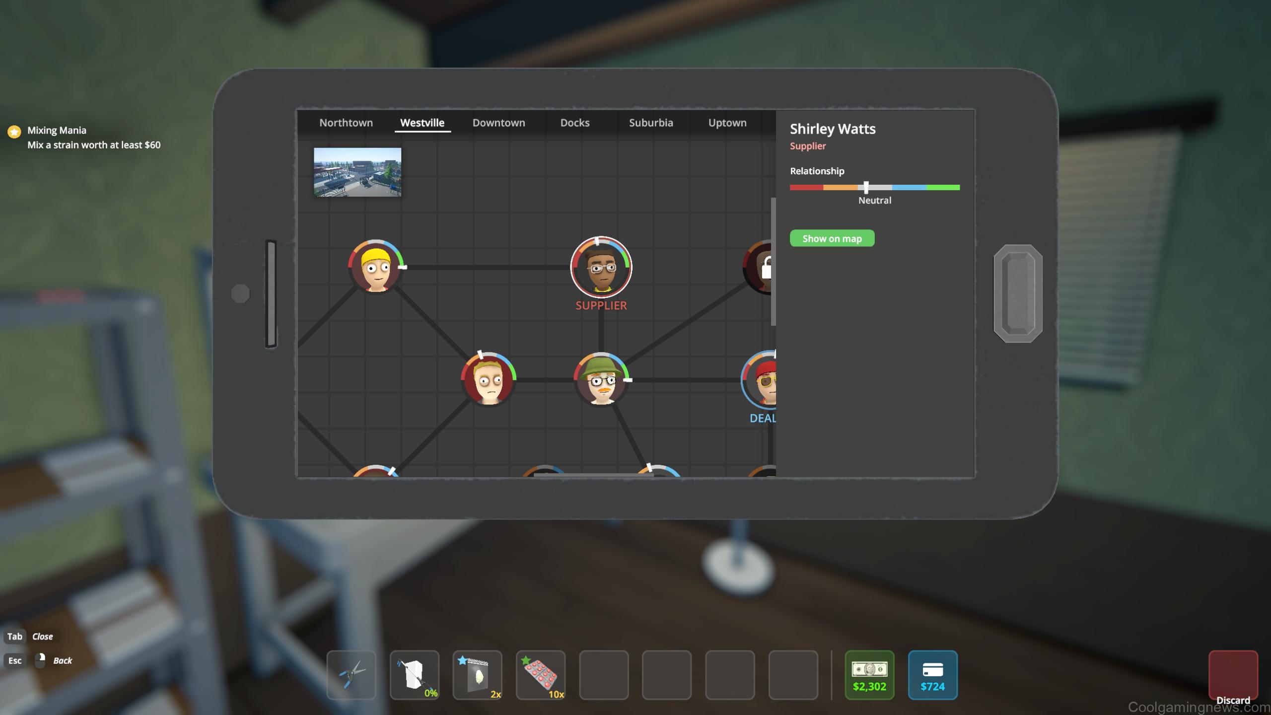 Schedule 1 pseudo - The connections page showing the relations between characters, highlighting supplier Shirley Watts.